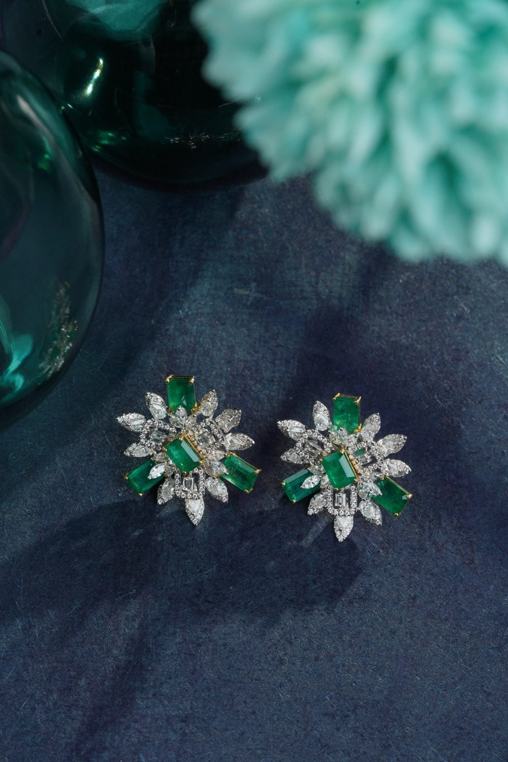 18KT Gold Emerald & Diamond Floral Stud Earrings