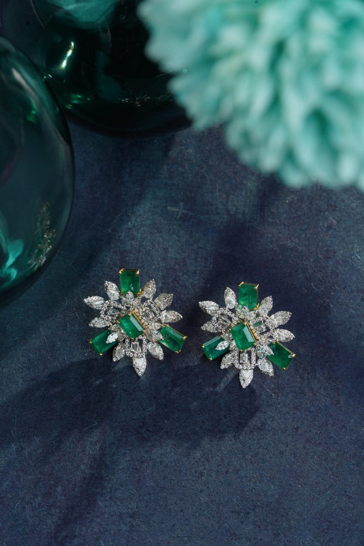 18KT Gold Emerald & Diamond Floral Stud Earrings