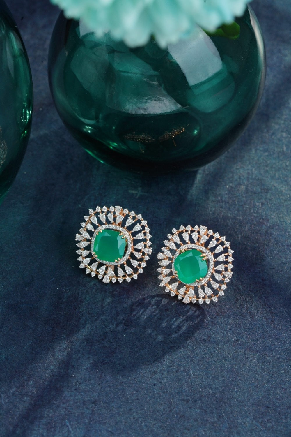 18KT Gold Emerald & Diamond Halo Stud Earrings