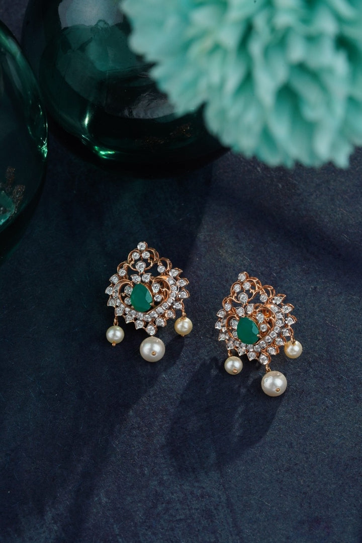 18KT Gold Emerald, Diamond & Pearl Drop Earrings