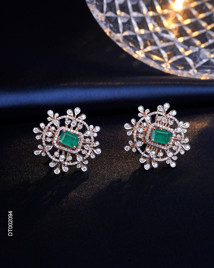 Celestial Emerald and Diamond Snowflake Stud Earrings