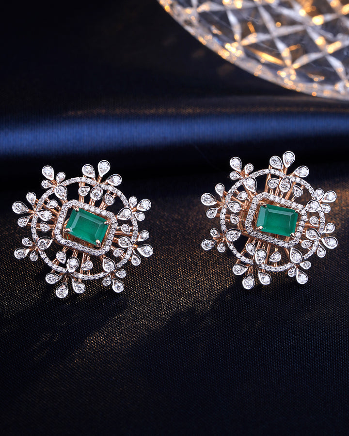 Celestial Emerald and Diamond Snowflake Stud Earrings