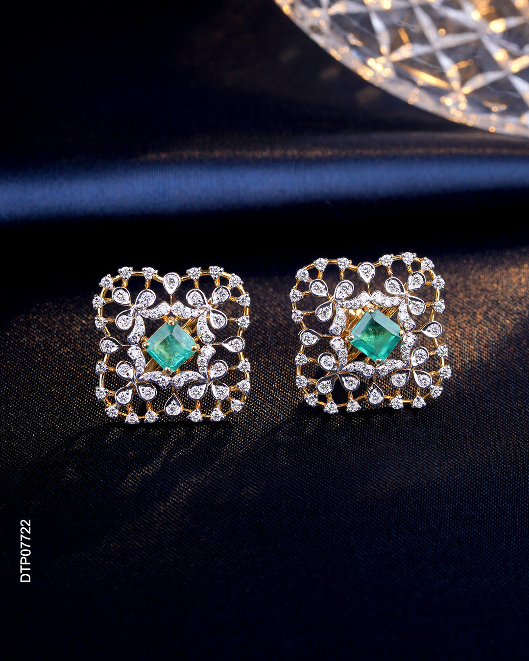 Regal Square Emerald & Diamond Filigree Stud Earrings