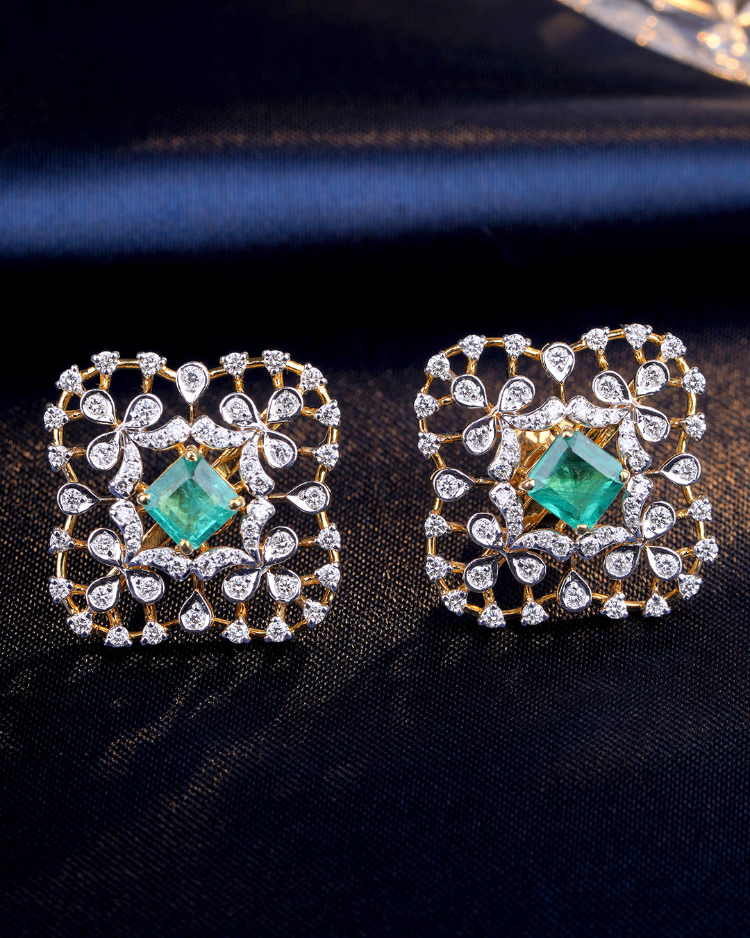 Regal Square Emerald & Diamond Filigree Stud Earrings