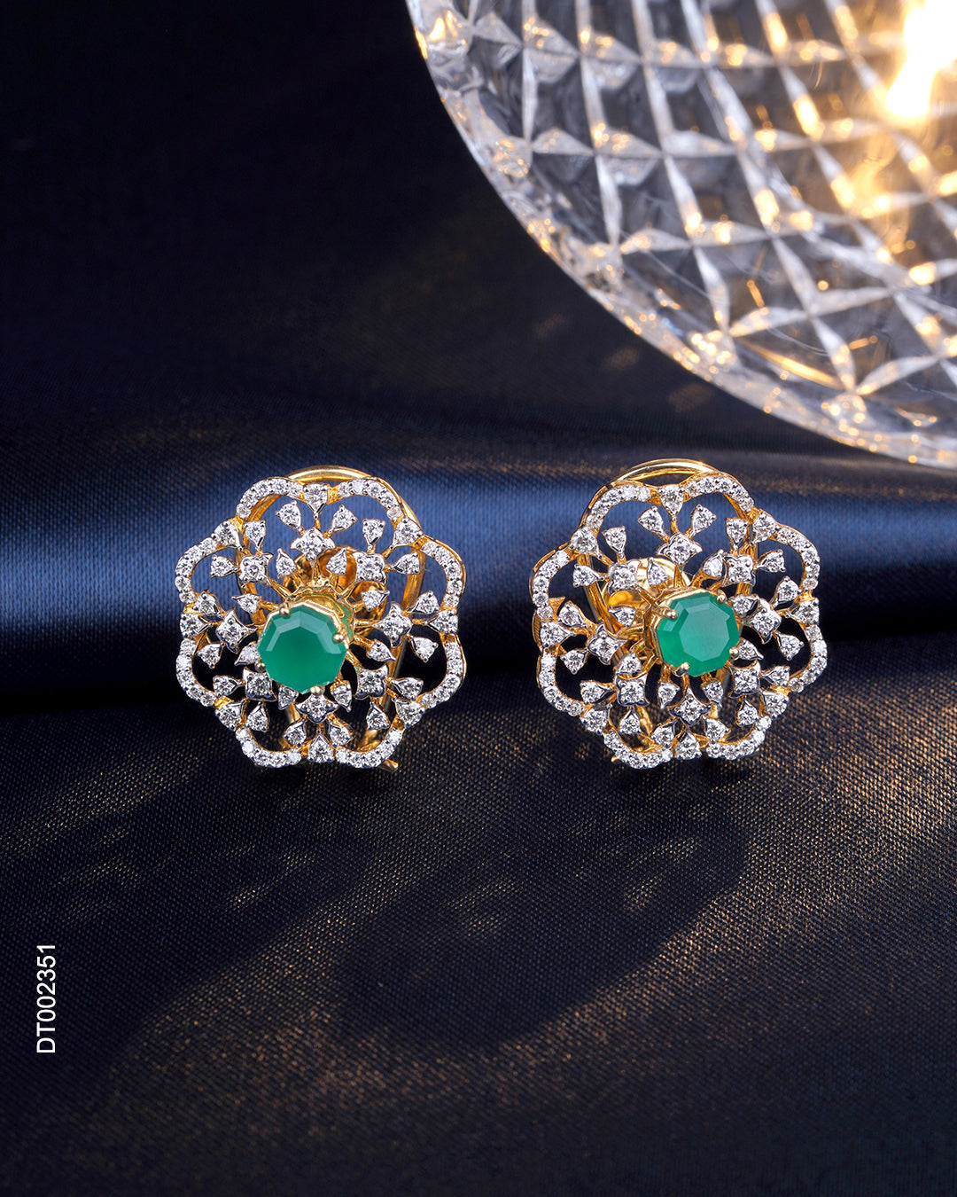 Vintage Floral Emerald & Hexagonal Diamond Stud Earrings