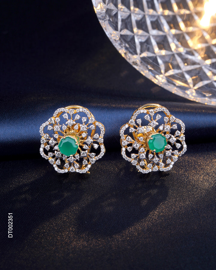Vintage Floral Emerald & Hexagonal Diamond Stud Earrings