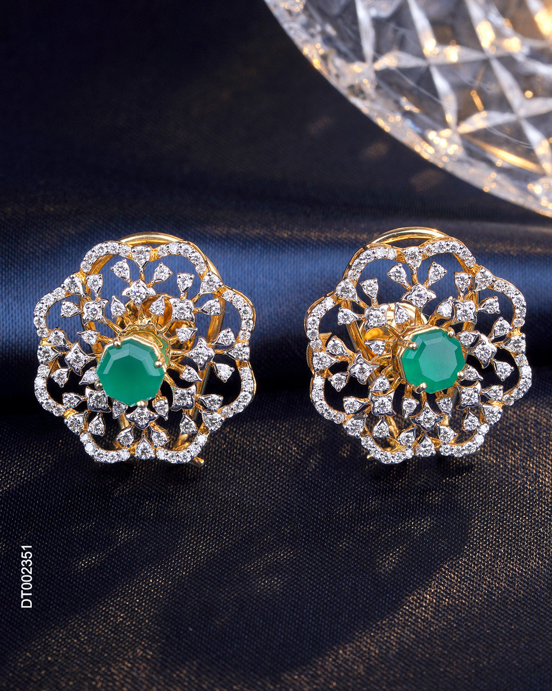 Vintage Floral Emerald & Hexagonal Diamond Stud Earrings