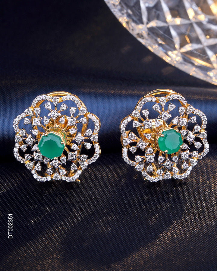 Vintage Floral Emerald & Hexagonal Diamond Stud Earrings
