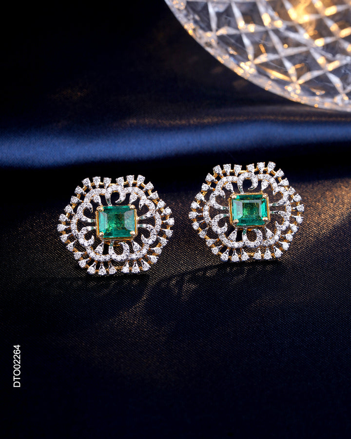 Emerald Diamond Stud Earrings in Floral Halo Design