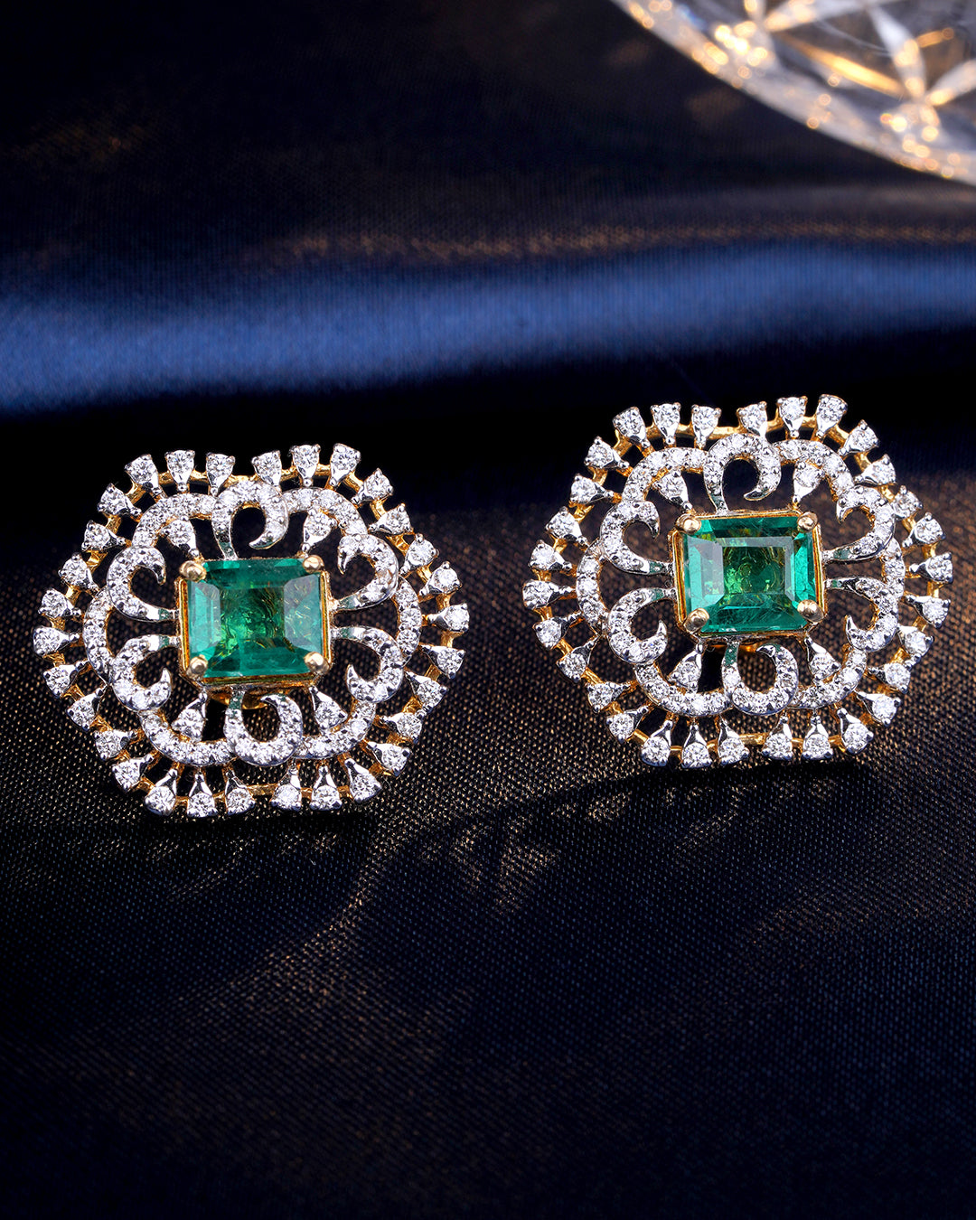 Emerald Diamond Stud Earrings in Floral Halo Design
