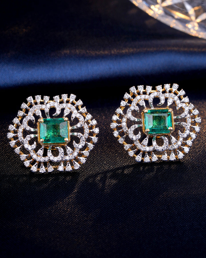 Emerald Diamond Stud Earrings in Floral Halo Design