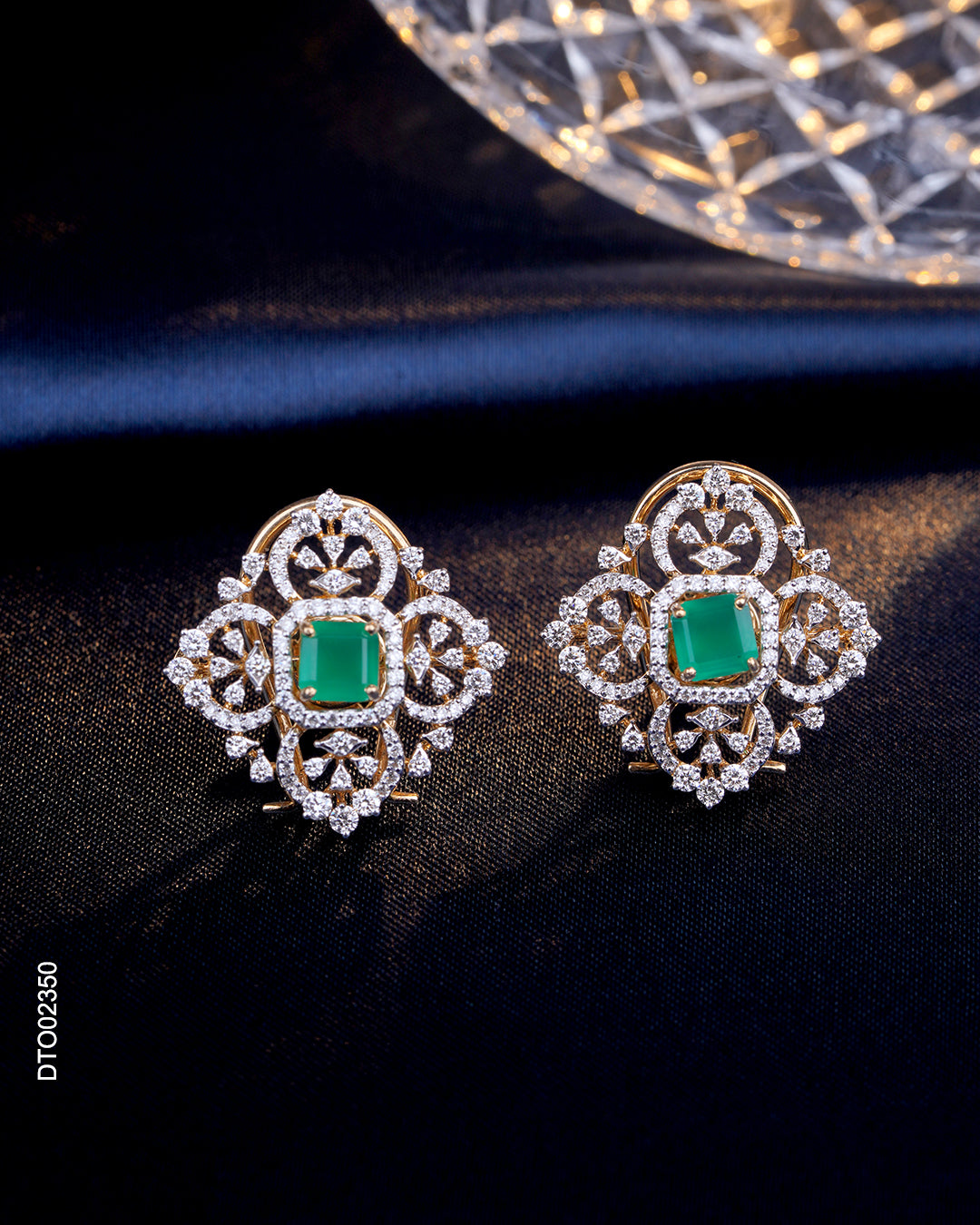 Emerald Diamond Stud Earrings with Vintage Floral Design