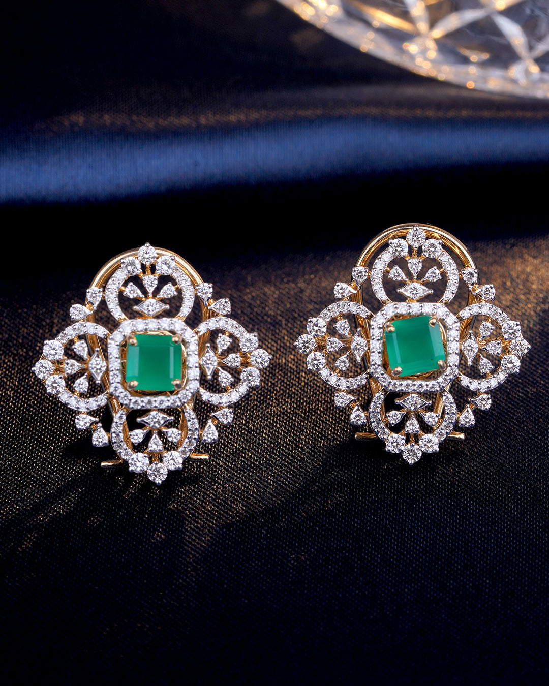 Emerald Diamond Stud Earrings with Vintage Floral Design