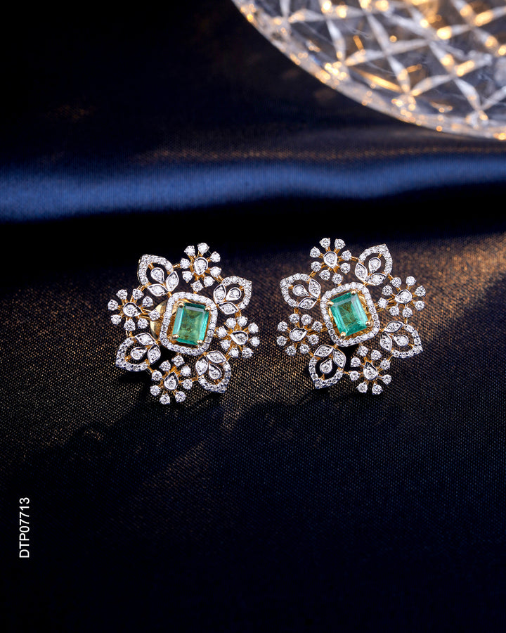 Emerald Diamond Floral Stud Earrings for Women