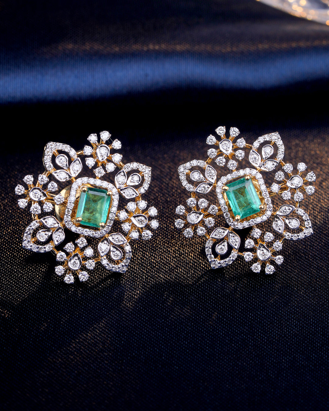 Emerald Diamond Floral Stud Earrings for Women