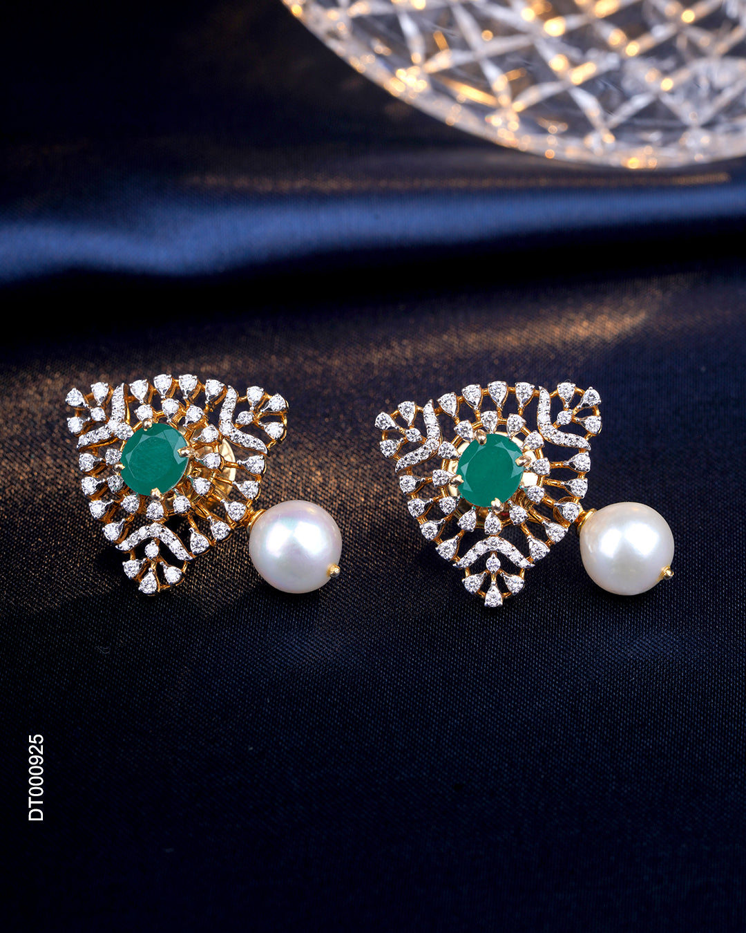 Emerald Diamond Pearl Stud Earrings for Women