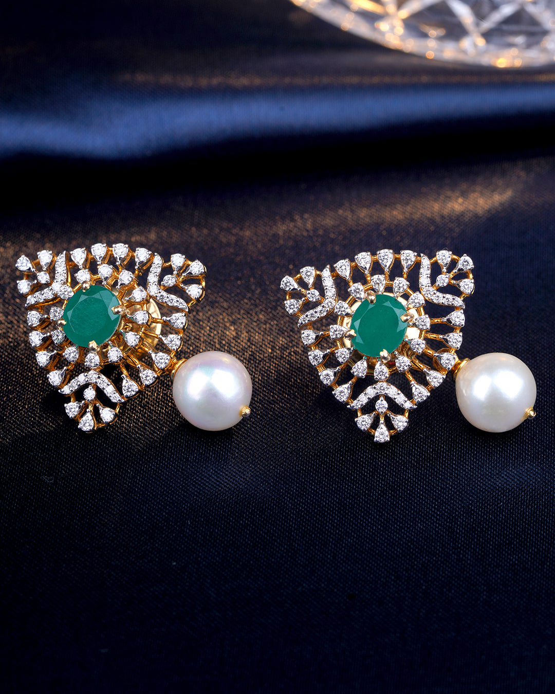 Emerald Diamond Pearl Stud Earrings for Women
