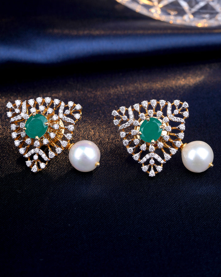 Emerald Diamond Pearl Stud Earrings for Women