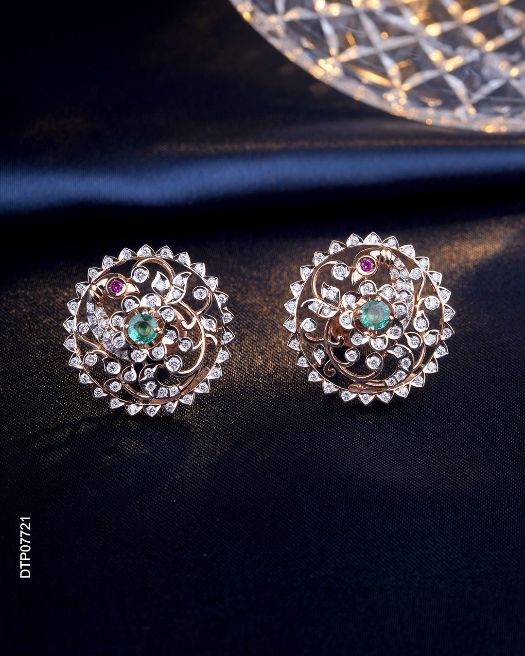 Vintage Emerald Diamond Stud Earrings with Ruby Accents