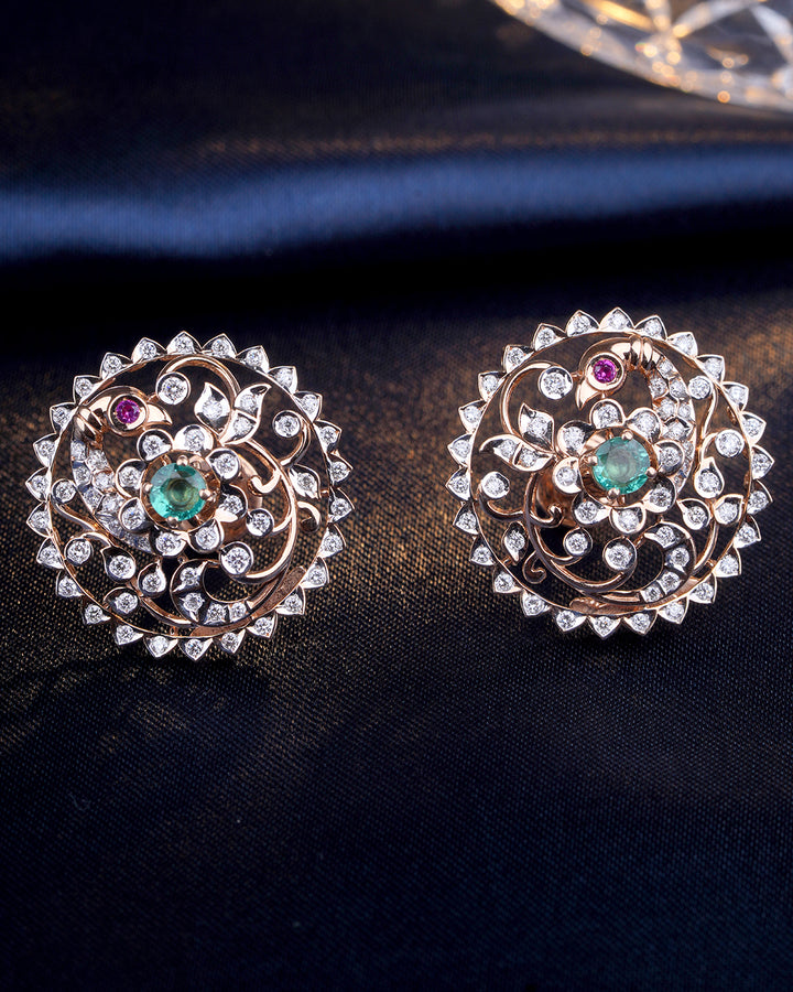 Vintage Emerald Diamond Stud Earrings with Ruby Accents