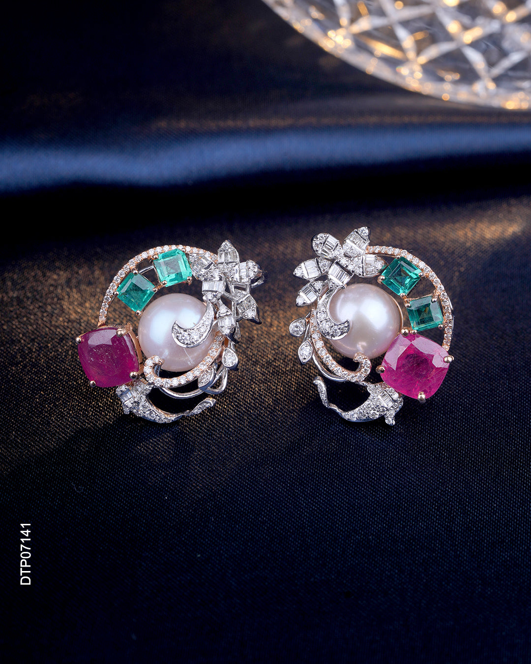 Designer Pearl Emerald Ruby Diamond Stud Earrings