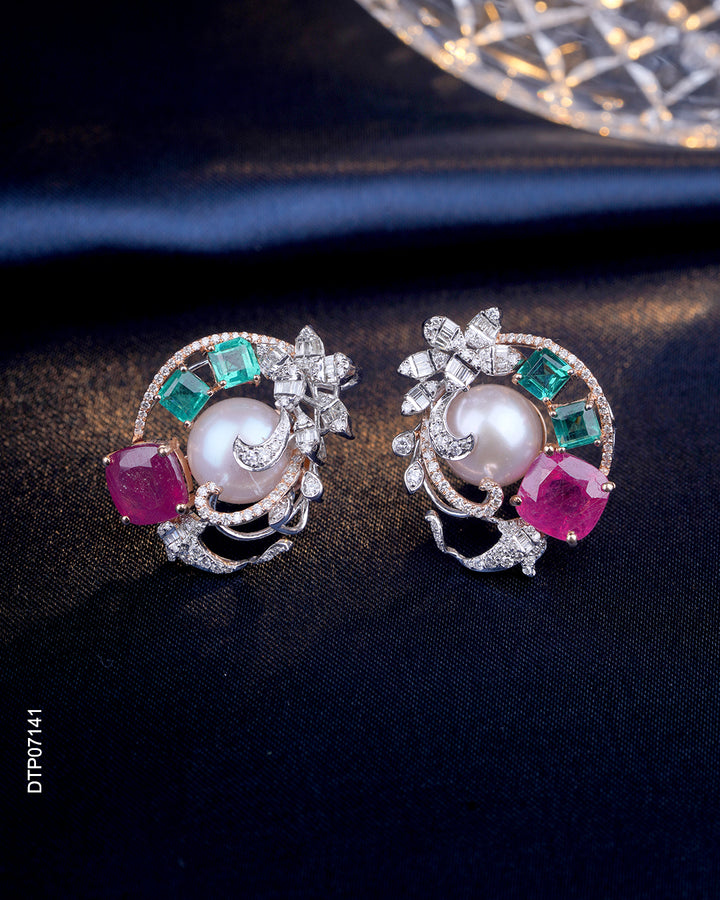 Designer Pearl Emerald Ruby Diamond Stud Earrings