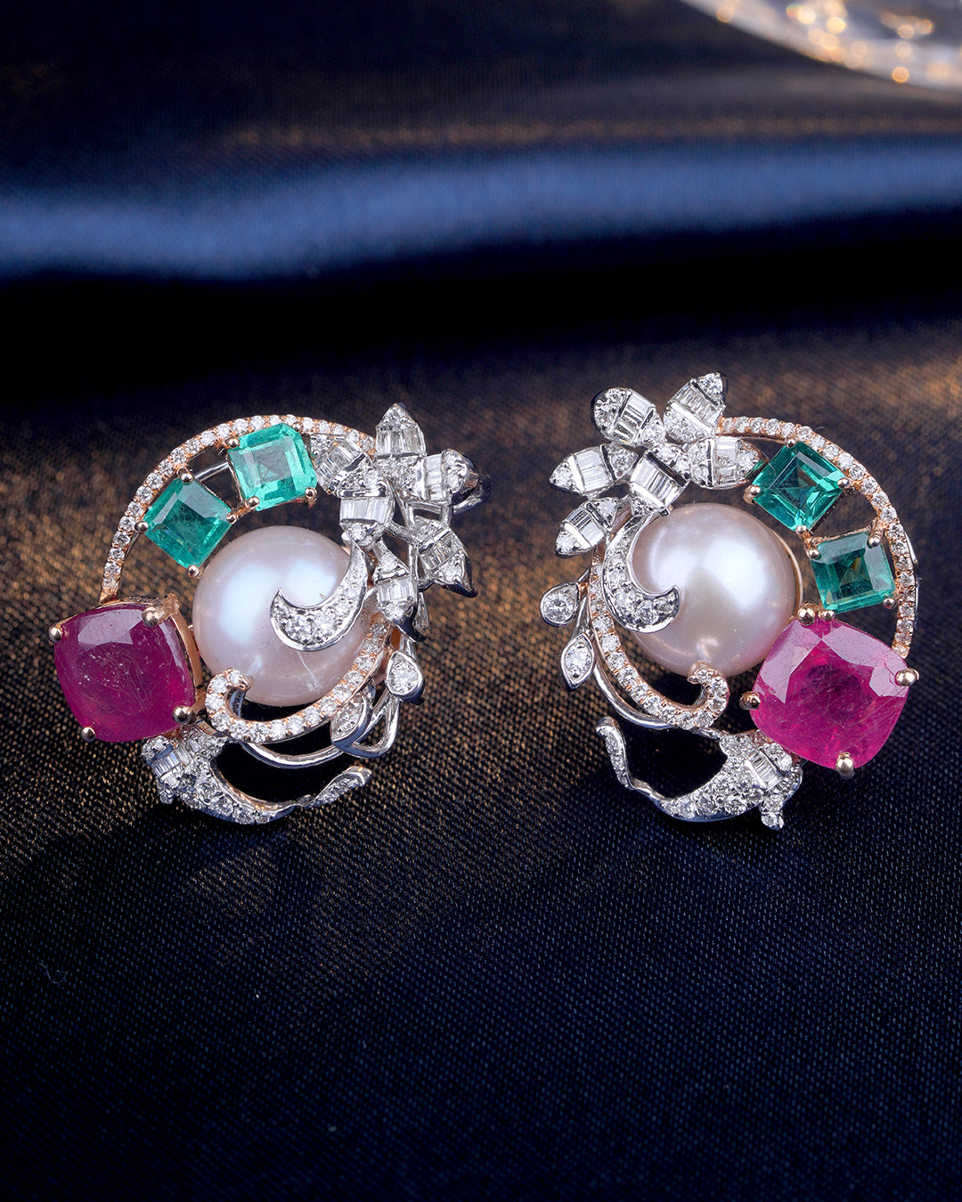 Designer Pearl Emerald Ruby Diamond Stud Earrings