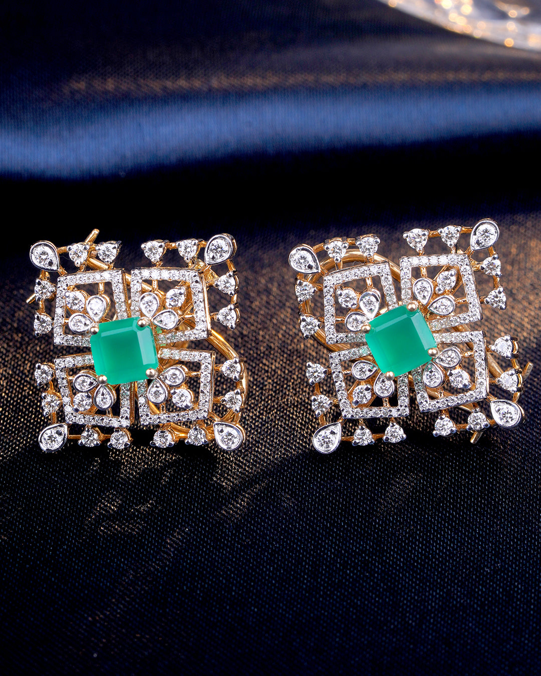 Geometric Emerald Diamond Stud Earrings for Women
